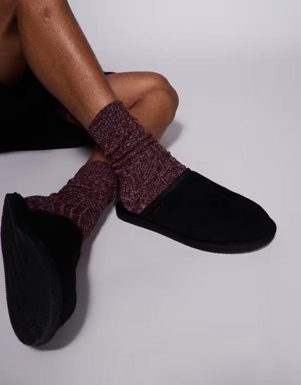リバーアイランド メンズ シューズ サンダル フリース River Island fleece lined mule slippers Black ブラック|ReVida 店