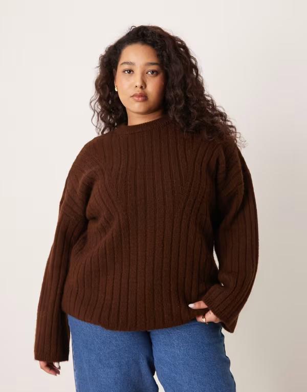 エイソス レディース アウター ニット・セーター クルーネック ASOS Curve ASOS DESIGN Curve longline crew neck sweater in rib in chocolate チョコレート