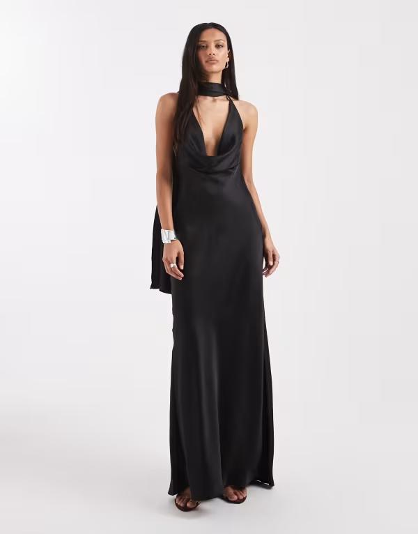 エイソス レディース トップス ワンピース サテン マキシ ASOS DESIGN satin scarf cowl neck maxi dress Black ブラック