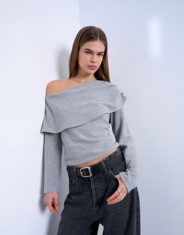 とっ始め販売店 レディース トップス プルオーバー 非対称 ドレープ Topshop asymmetric bardot drape long sleeve top インチ dark gray heather Charcoal gray 濃灰色