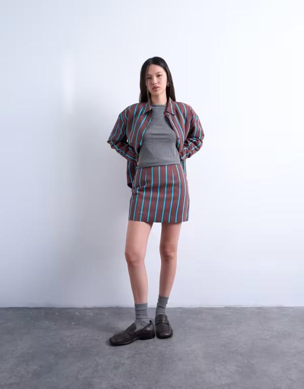 トップショップ レディース ボトムスカート A ライン ミニ Topshop A-line mini skirt in stripe - part of a set Brown Stripe ブラウン