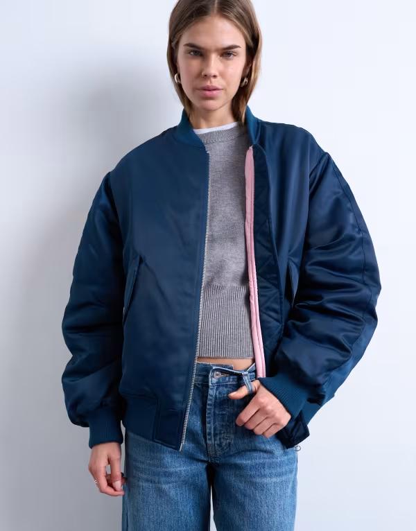 とっ始め販売店 レディース アウター 厚地の外套 対照 上衣 Topshop bomber jacket with contrast lining NAVY 米国海軍