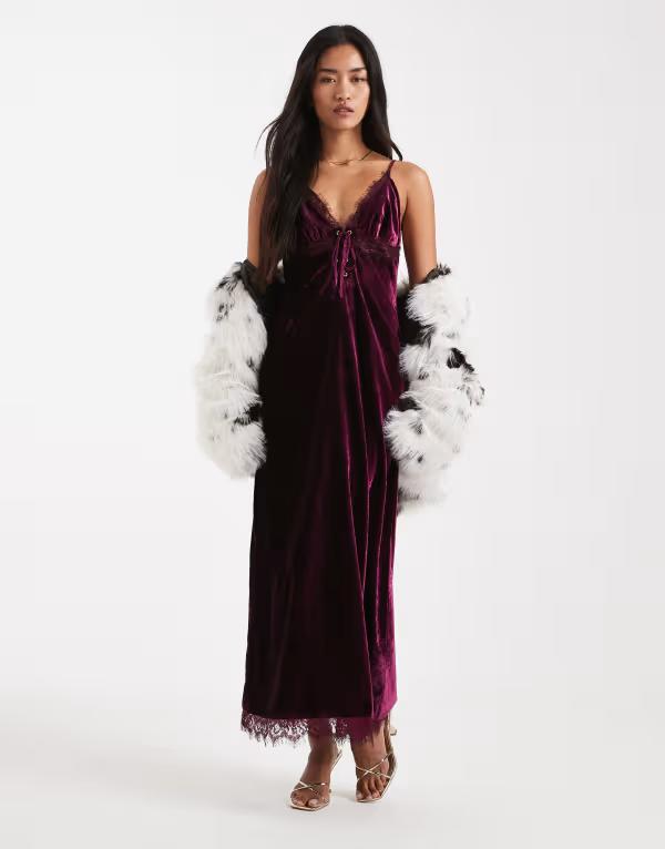 ミスセルフフリッジ レディース トップス ワンピース ベルベット レース マキシ Misselfridge velvet and lace cami maxi dress Fig バーガンディ｜ReVida 店