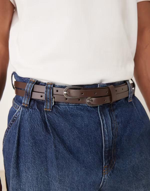 エイソス メンズ 付属品 胴締め なめし革 フェイクレザー ASOS DESIGN double strap skinny belt faux leather BROWN 赤銅色