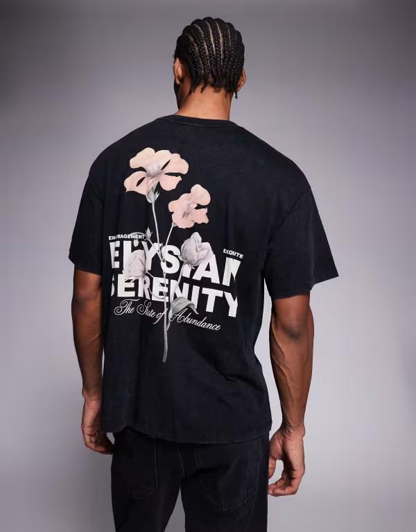 アダプト メンズ トップス Tシャツ グラフィック ADPT oversized t-shirt with botanical back graphic in washed Black ブラック|ReVida 店