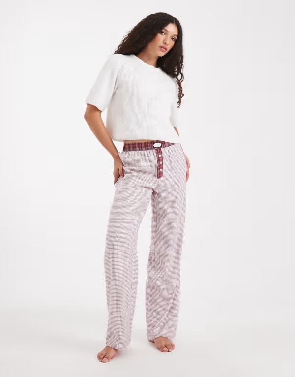 コットンオン レディース ボトムス カジュアルパンツ ワイドレッグ Cotton flannel wide leg pants in burnt apple micro plaid BURNT APPLE PLAID チェック