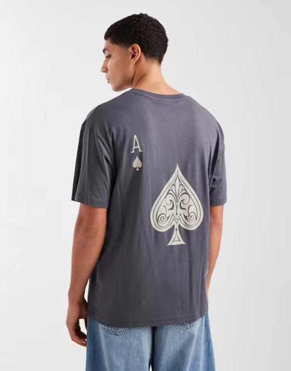 ジャック アンド ジョーンズ メンズ トップス Tシャツ プリント Jack & Jones oversized T-shirt with ace of spades back print in washed Asphalt グレー