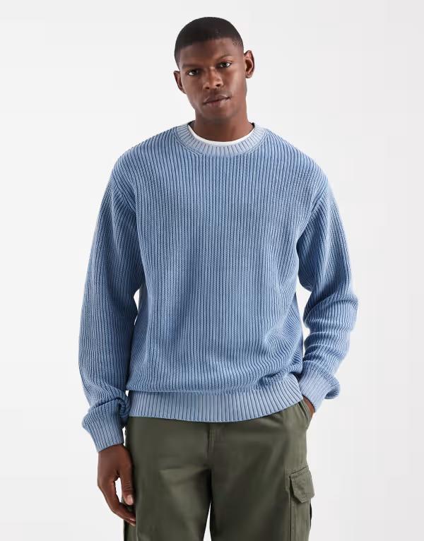 レディファインド レブル メンズ アウター ニット・セーター Redefined Rebel boxy knit sweater in light blue acid wash LIGHT BLUE ブルー｜ReVida 店