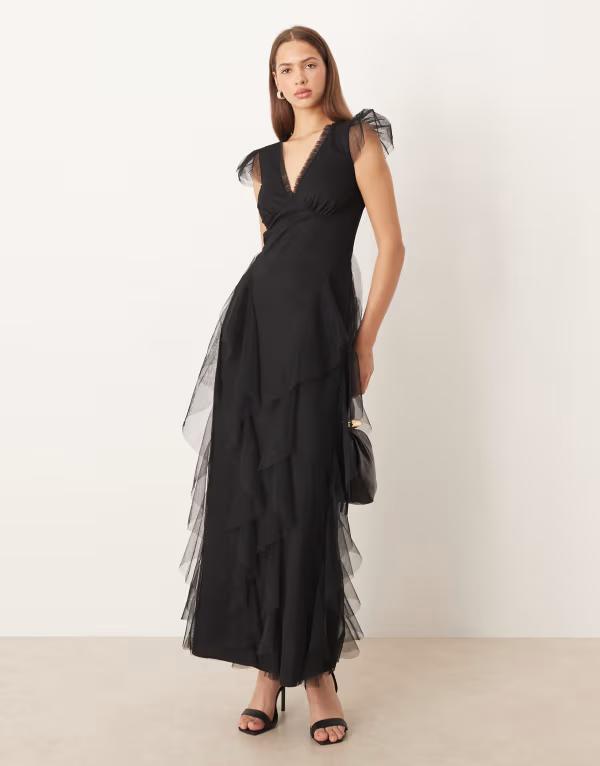 レース アンド ビーズ レディース トップス ワンピース フリル シアー キャップ マキシ Lace & Beads Bridesmaid sheer cap sleeve ruffled maxi dress Black ブラック