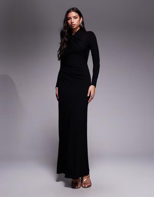 エイソス レディース トップス 衣装 ハイネック ドレープ マキシ ASOS DESIGN long sleeve high neck drape maxi dress Black 黒いこと レディースファッション-ワンピース