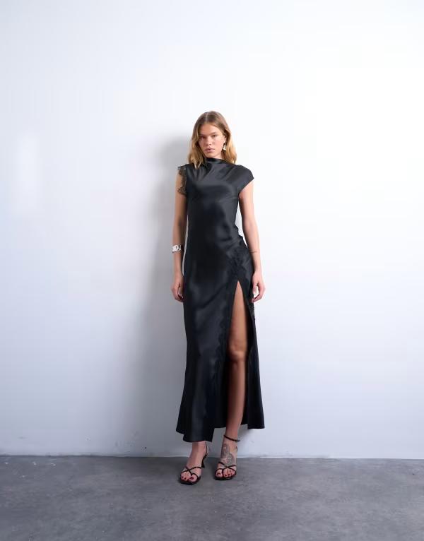 トップショップ レディース トップス ワンピース レーストリム ドレープ サテン レース マキシ Topshop satin draped neck maxi dress with lace trim Black ブラック