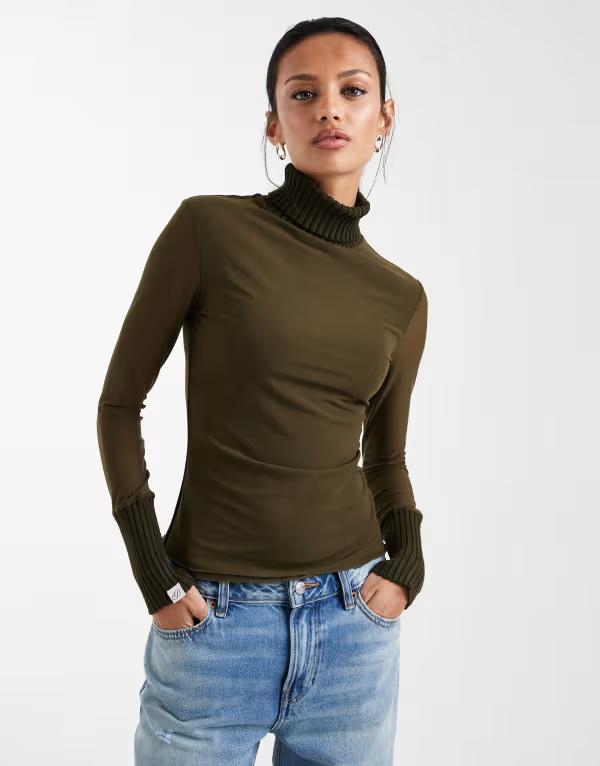 デイジーストリート レディース トップス シャツ メッシュ ニット Daisy Street knit and mesh long sleeve top Khaki カーキ