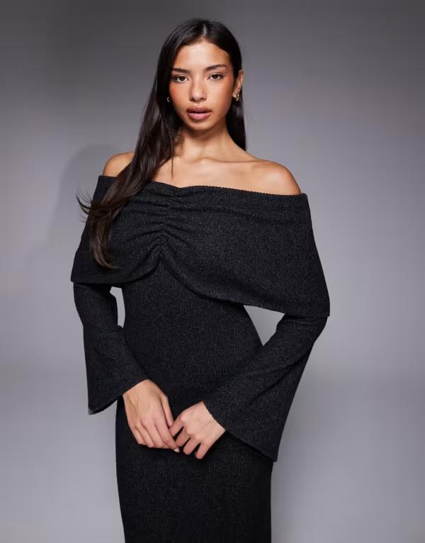 エイソス レディース トップス ワンピース リブ マキシ ASOS DESIGN ribbed long sleeve fold over bardot maxi dress in charcoal チャコール