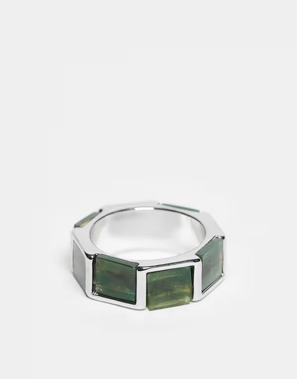 エイソス メンズ 付属物 輪っか ASOS DESIGN square faux moss agate s ring SILVER しろがね色 ジュエリー・アクセサリー-メンズジュエリー・アクセサリー