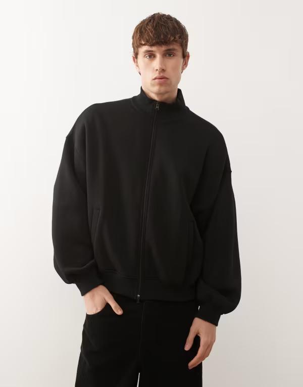 コルージョン メンズ アウター パーカー・スウェット フルジップ シャツ COLLUSION boxy zip through funnel sweatshirt Black ブラック