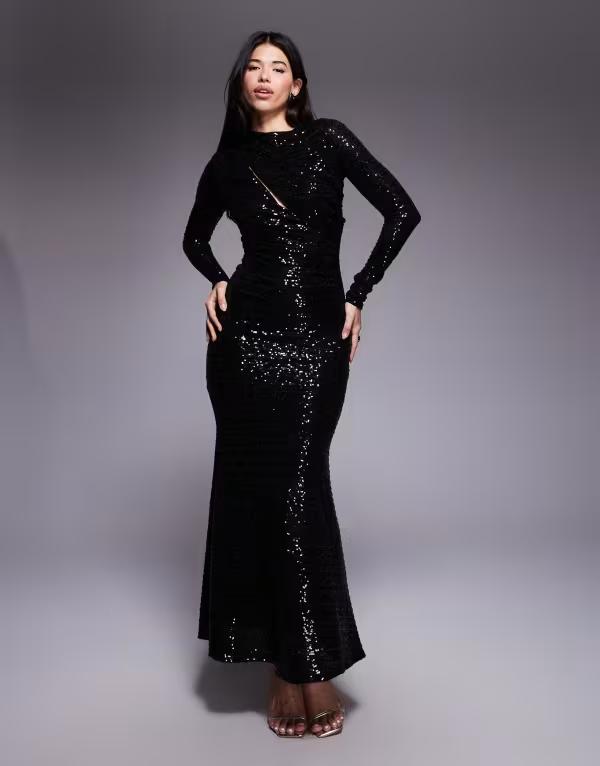 エイソス レディース トップス 衣装 ドレープ スパンコール マキシ ASOS DESIGN sequin slash front draped maxi dress black 黒いこと