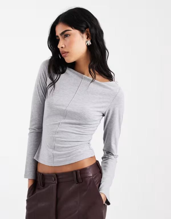 エイソス レディース トップス シャツ ASOS DESIGN slash neck top with center front seam detail in light gray heather Gray グレー