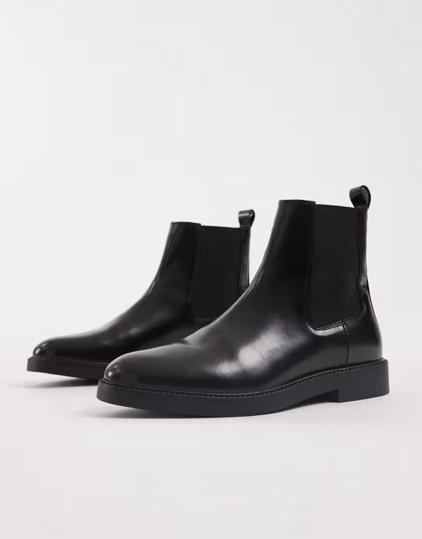 エイソス メンズ シューズ ブーツ・レインブーツ チェルシーブーツ チェルシー レザー ASOS DESIGN chelsea boots polido leather Black ブラック