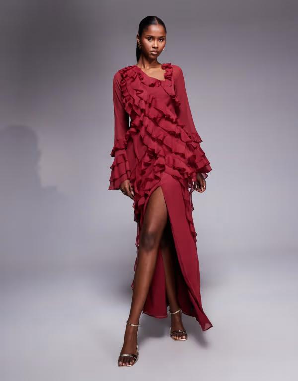 エイソス レディース トップス ワンピース ティアード シフォン アシンメトリー フリル マキシ ASOS DESIGN chiffon long sleeve asymmetric tiered soft ruffle maxi dress Burgundy バーガンディ 25,060円
