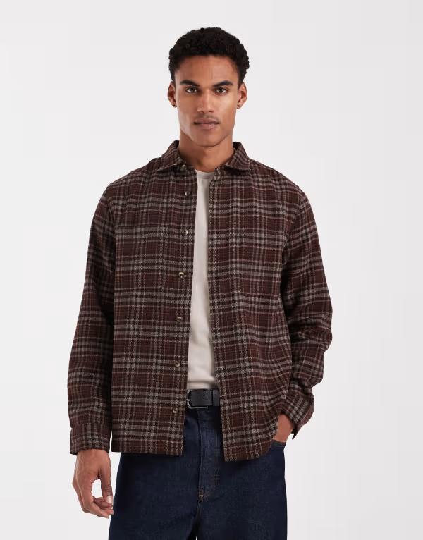 エイソス メンズ トップス プルオーバー ASOS DESIGN boxy oversized shirt plaid BROWN 赤銅色