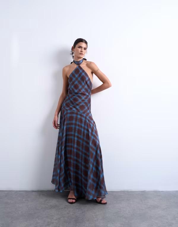 とっ始め販売店 レディース トップス 衣装 シフォン マキシ Topshop volume hem dropped waist maxi dress check chiffon Blue Check 青み