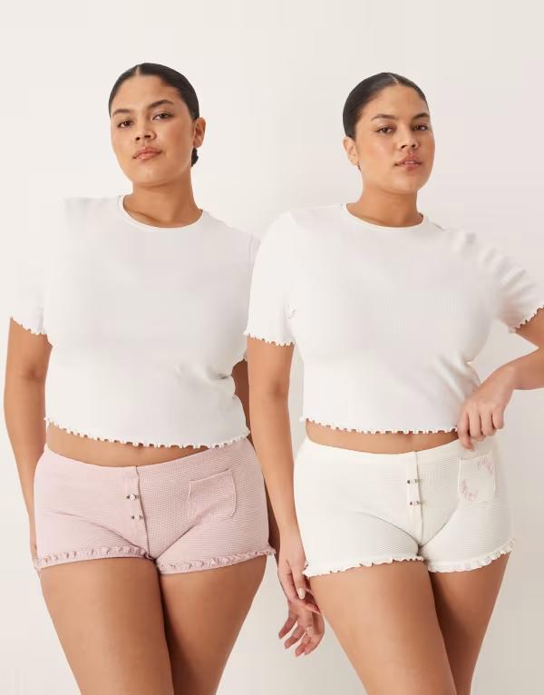 エイソス レディース アンダーウェア ブリーフパンツ ASOS Curve ASOS DESIGN Curve 2-pack waffle boxers with pocket detail and rosebud trim in dusty pink and creamulti マルチカラー