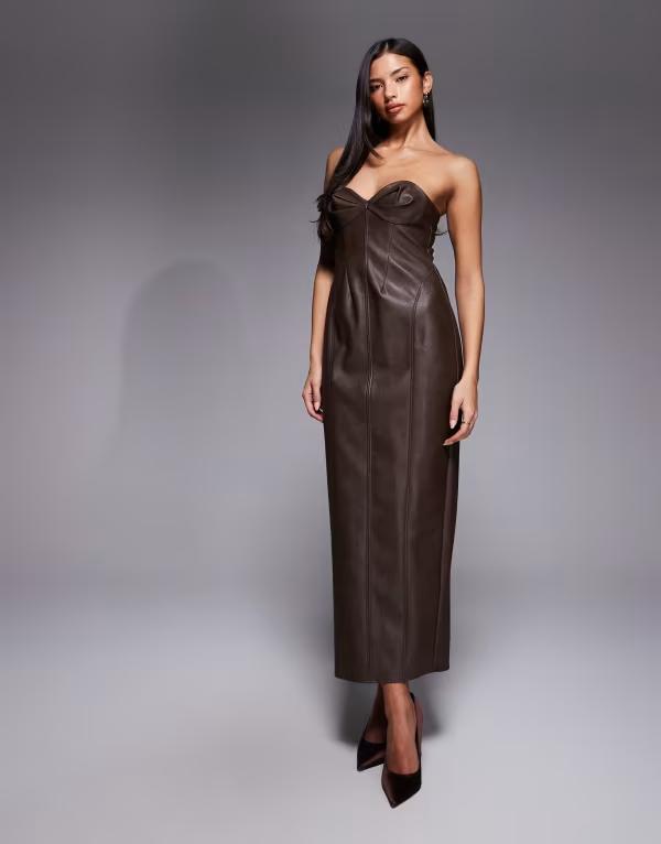 エイソス レディース トップス 衣装 ギャザー midi ASOS DESIGN PU ruched bust MIDI pencil dress with seam detail インチ chocolate 黒茶