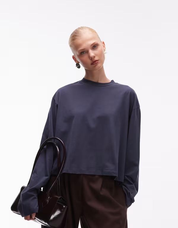 エイソス レディース トップス Tシャツ クロップド ASOS DESIGN long sleeve boxy cropped t-shirt NAVY ネイビー