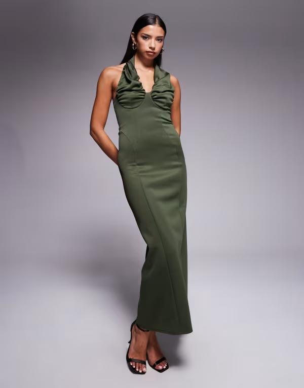 エイソス レディース トップス ワンピース ミディ スキューバ ホルター ASOS DESIGN scrunch bust halter midi dresscuba-style fabric Green グリーン｜ReVida 店 11,146円
