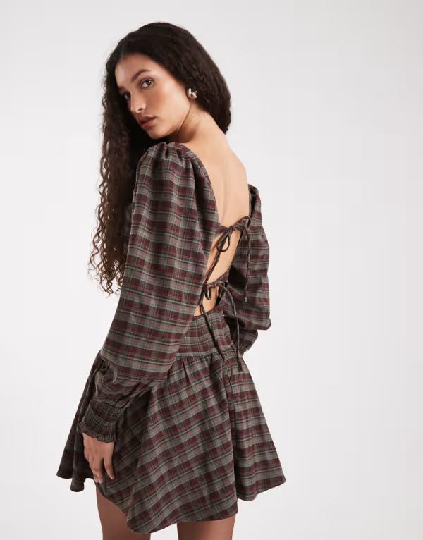 デイジーストリート レディース トップス ワンピース ミニ Daisy Street volume sleeve drop waist mini dress navy check Burgundy バーガンディ｜ReVida 店