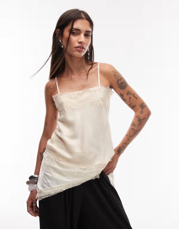 エイソス レディース トップス シャツ サテン レース ASOS DESIGN lace hem satin cami top in cream クリーム