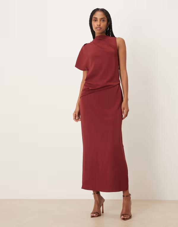 エイソス レディース トップス 衣装 ドレープ ASOS DESIGN draped one sleeve slinky dress Burgundy バーガンディ