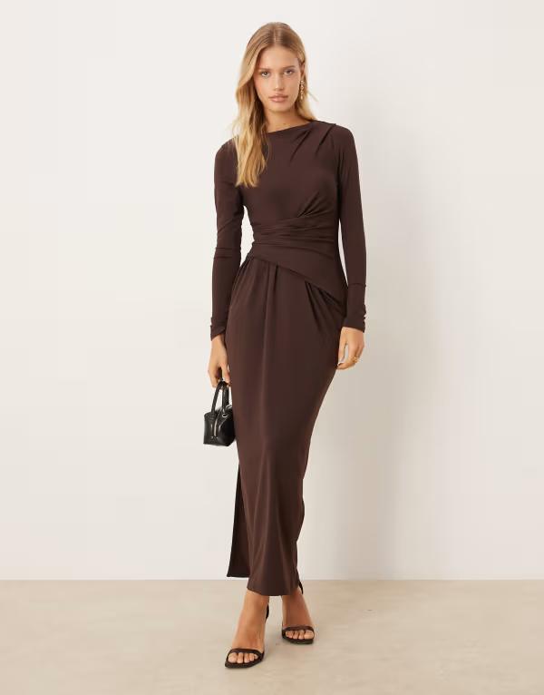 エイソス レディース トップス ワンピース ドレープ マキシ ASOS DESIGN softouch long sleeve drape maxi dress in chocolate チョコレート