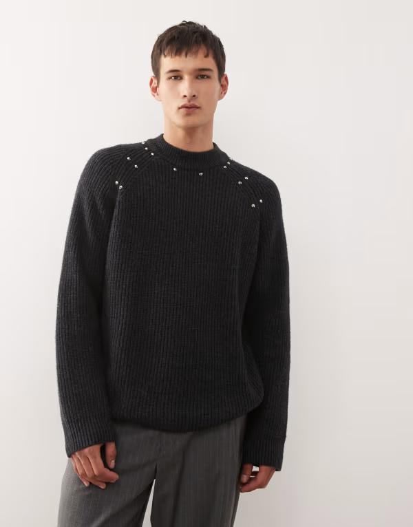 週日 メンズ アウター 編み物・プルオーバー 毛糸 Weekday wool blend sweater with studetail Black 黒いこと
