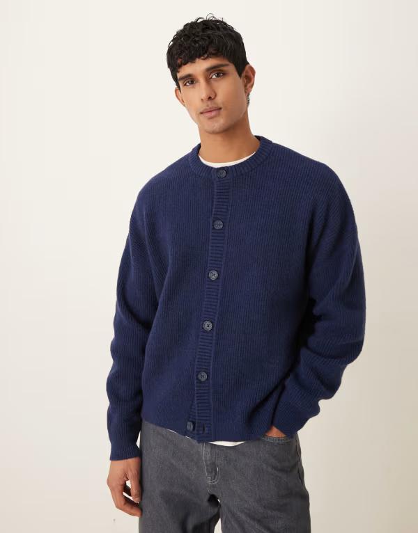 エイソス メンズ アウター カーディガン クルーネック ウール ニット ASOS DESIGN oversized knit fisherman rib wool blend crew neck cardiganAVY ネイビー