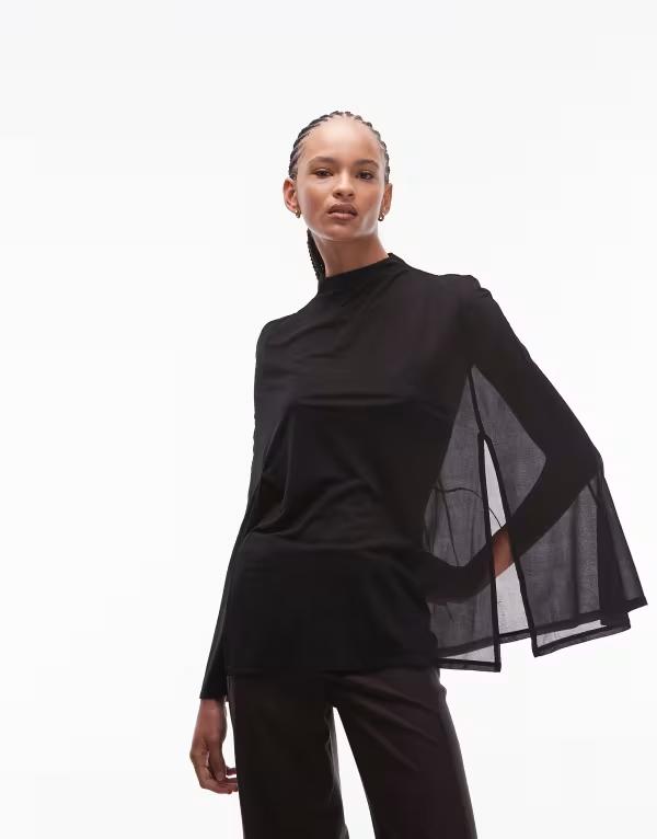 エイソス レディース トップス Tシャツ ケープデザイン ハイネック メッシュ キャップ ケープ ASOS DESIGN meshigh neck longline cape top Black ブラック