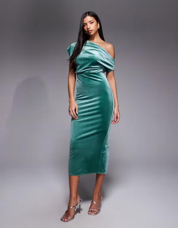 エイソス レディース トップス ワンピース ミディ ベルベット ASOS DESIGN velvet dramatic neckline midi dress Green グリーン