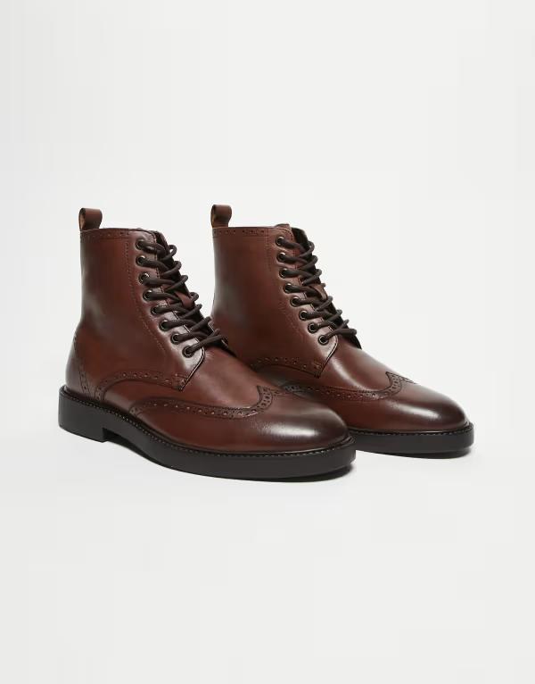 エイソス メンズ シューズ ブーツ・レインブーツ ブローグ レース レザー ASOS DESIGN lace up boots leather with brogue detailing BROWN ブラウン