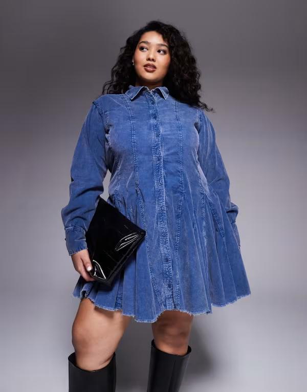 エイソス レディース トップス 衣装 プルオーバー ジーンズ ASOS Curve ASOS DESIGN Curve cord shirt dress with nipped-インチ waist and godets インチ washedenim WASHEDENIM BLUE ジーンズ