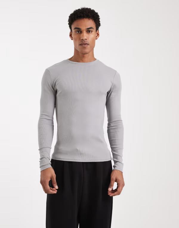 エイソス メンズ トップス Tシャツ ASOS DESIGN Essentials muscle fit long sleeve T-shirt in light gray rib ULTIMATE GRAY グレー