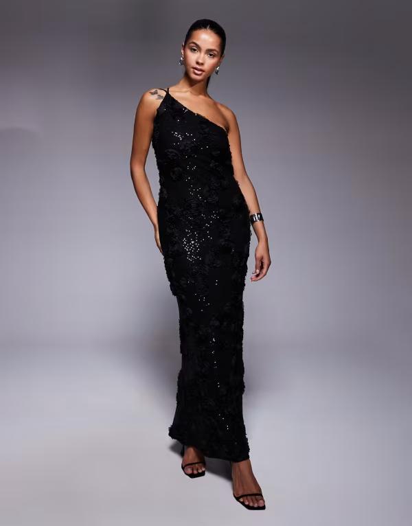 ティエフエヌシー レディース トップス 衣装 御花柄 スパンコール マキシ 御花 TFNC one shoulder floral sequin maxi dress black 黒いこと