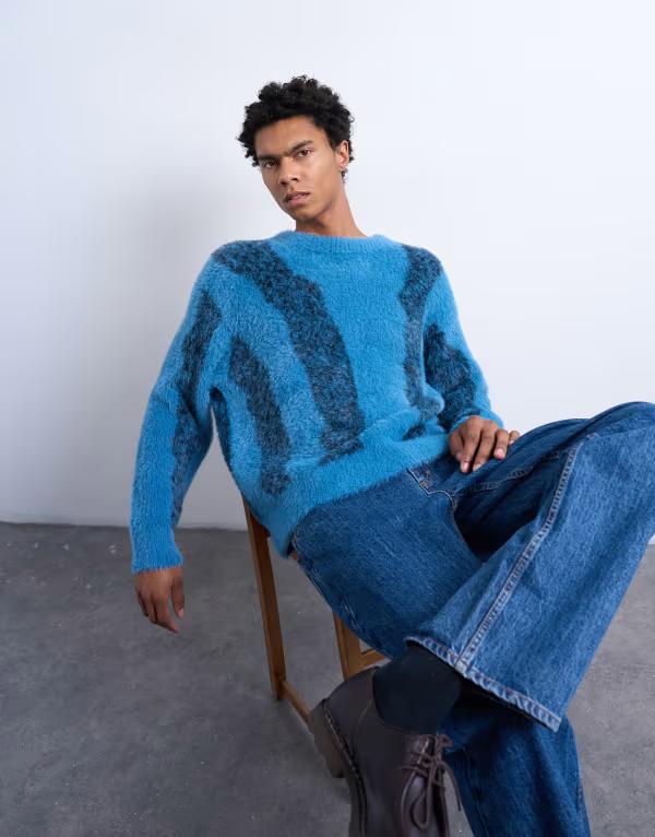 いの一番マン メンズ アウター 編み物・スウェーター 伸び伸びする填まる Topman relaxed fit fluffy knit sweater with stripedesign BLUE 青色