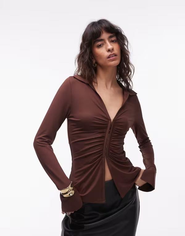 エイソス レディース トップス プルオーバー ギャザー ASOS DESIGN slinky ruched hook and eye longline top インチ chocolate 黒茶