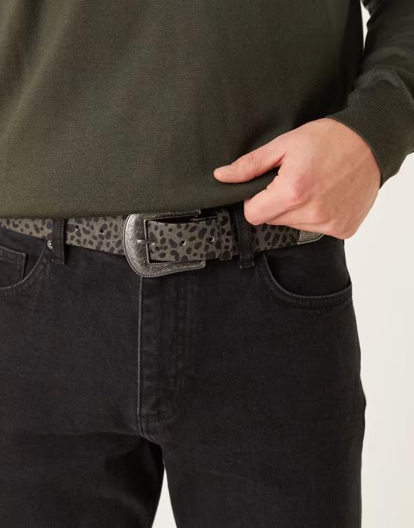 エイソス メンズ アクセサリー ベルト プリント レザー ASOS DESIGN western belt with leopard print in leather LEOPARD アニマル