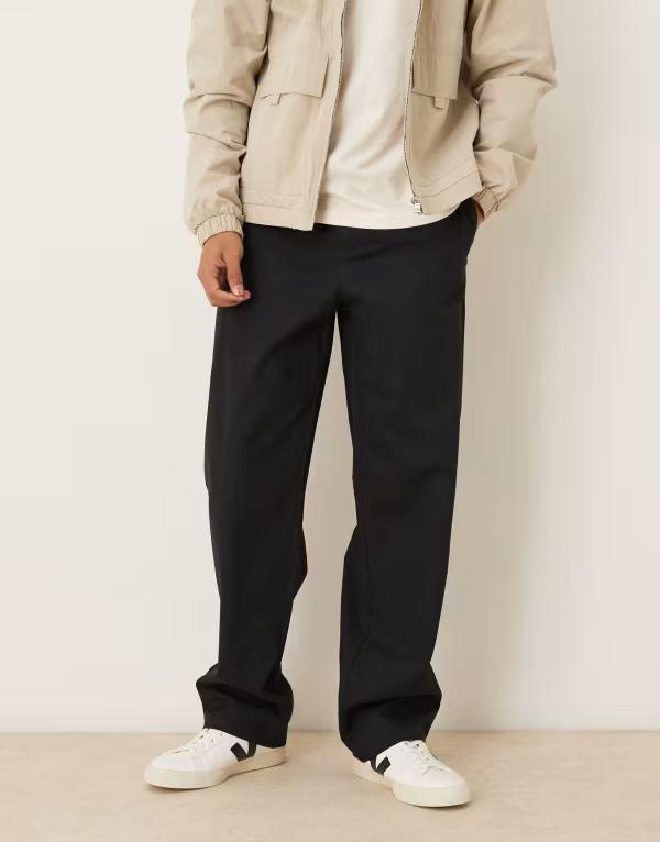 エイソス メンズ ボトムス 心地よいズボン下 ASOS DESIGN baggy pants with self tie Black 黒いこと
