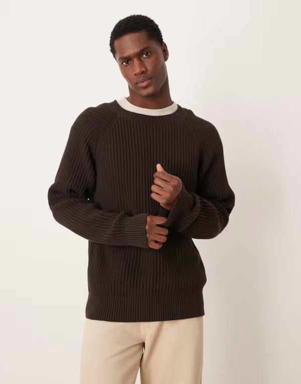 セレクテッドオム メンズ アウター ニット・セーター リブ Selected Homme Selected ribbed sweater with raglan sleeves Chocolate torte チョコレート