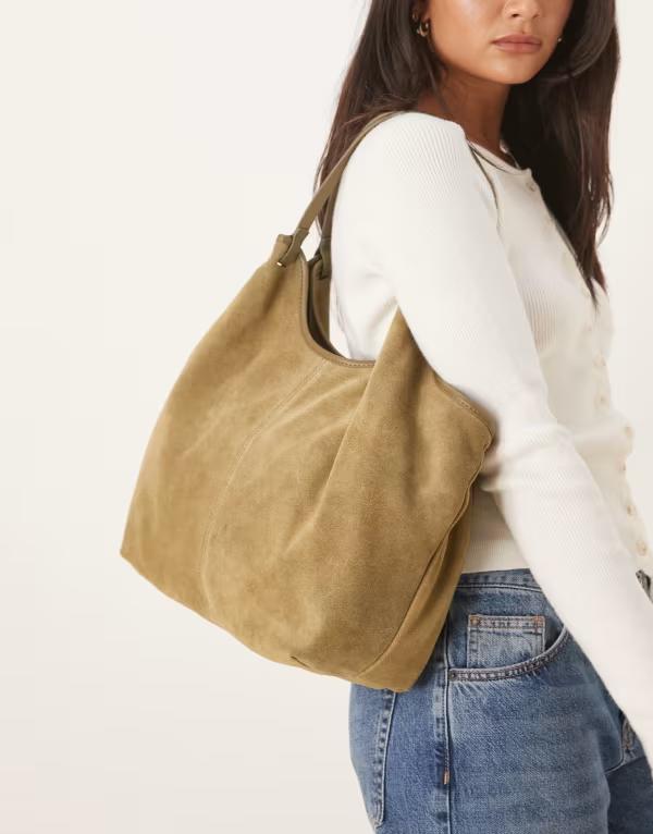 エイソス レディース バッグ スエード ASOS DESIGN suede pinched handle scoop tote bag in olive オリーブ