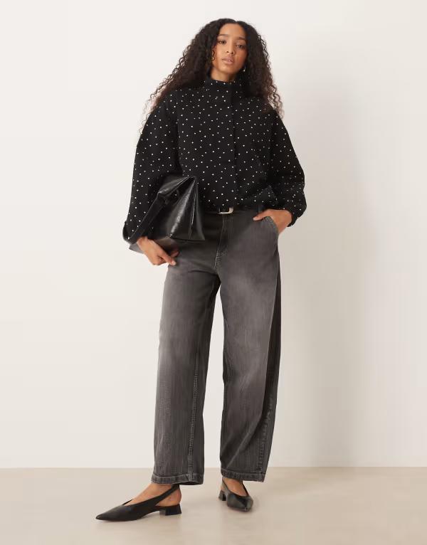 エイソス レディース アウター 上衣・上衣 点点柄 照明ランプ素っ首 点点 ジーンズ ASOS DESIGN denim funnel neck sports jacket インチ polka dot Black 黒いこと