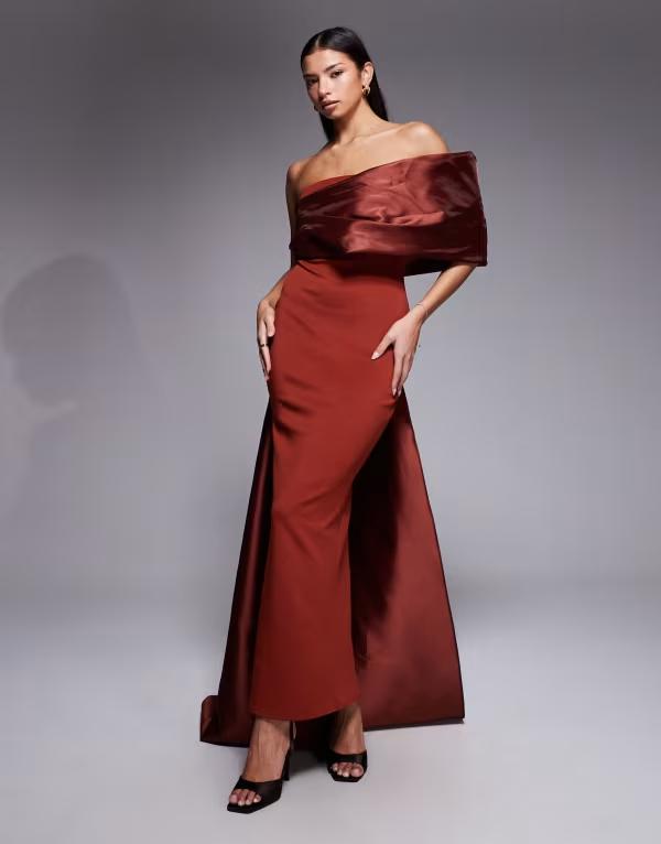エイソス レディース トップス 衣装 ドレープ 繻子 アクアラング 対照 マキシ ASOS DESIGN Premium one shoulder draped maxi dress with contrast satin train rust scuba-style fabric Rust 挙げ句の果て