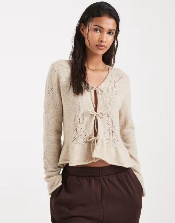 オンリー レディース アウター カーディガン ウール ONLY tie front cardigan with wool in cream クリーム|ReVida 店
